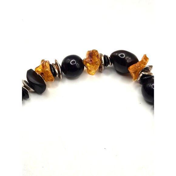 Vintage Sterling Silver Amber & Jet Bead Bracelet | SAKI Toggle Clasp | Artisan - Picture 7 of 7